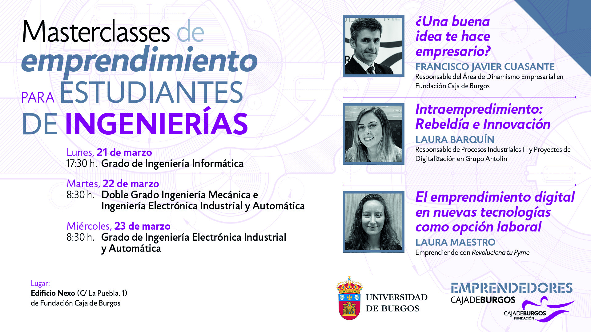 Programa de las sesiones Masterclass de Emprendimiento para estudiantes de ingeniería en el Edificio Nexo 